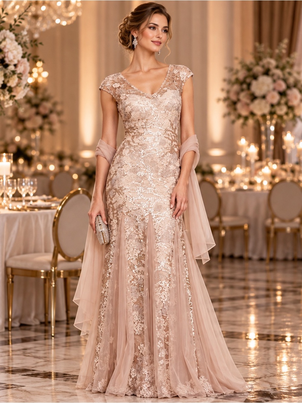Alex Evenings Blush Lace Embellished Maxi Gown